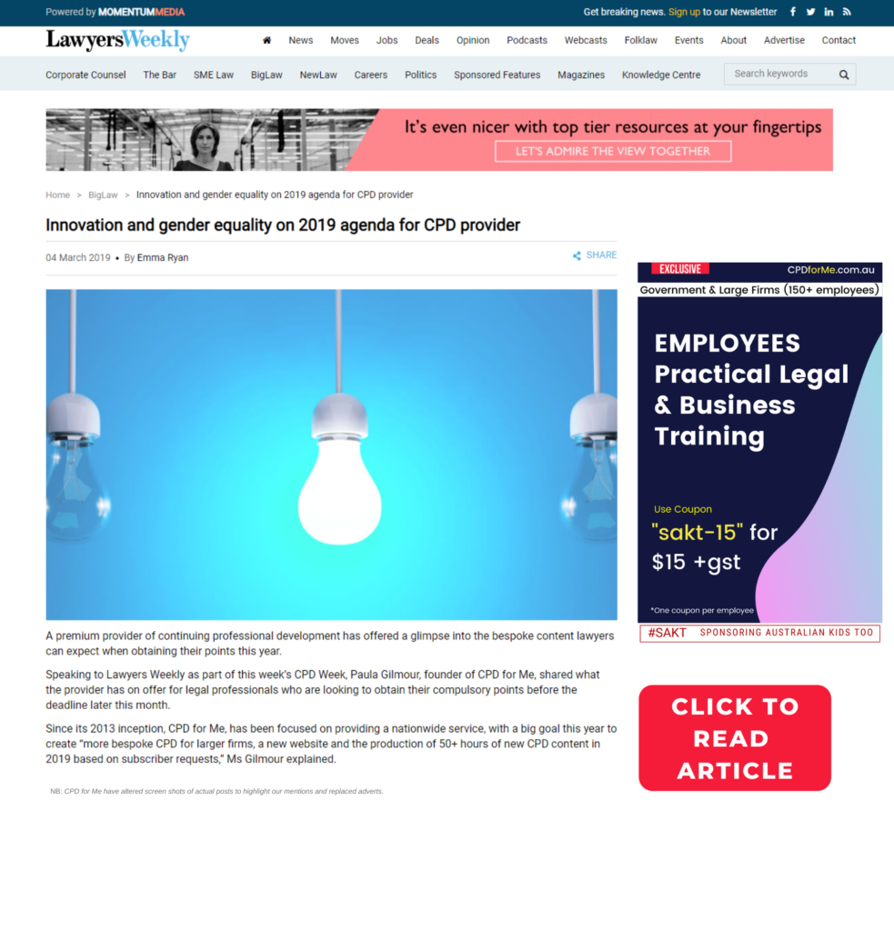CPDforMe in lawyers weekly Innovation and gender equality on 2019 agenda for CPD provider