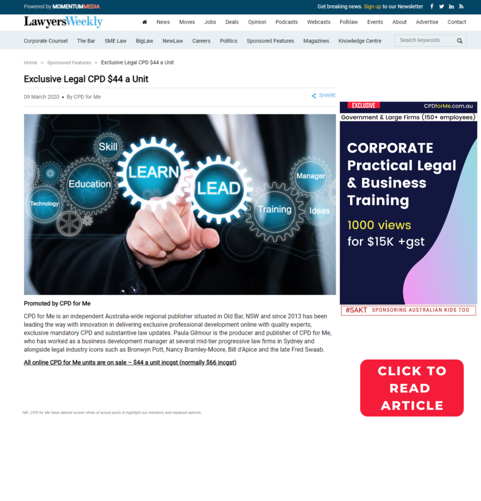 CPDforMe in lawyersweekly -Exclusive Legal CPD $44 a Unit